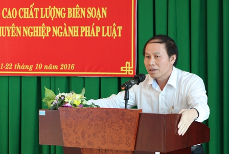 Thứ trưởng Bộ Tư pháp Lê Tiến Châu phát biểu tại Hội thảo.