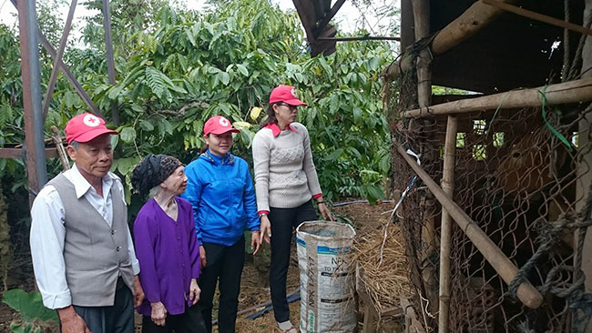 Cán bộ Hội Chữ thập đỏ huyện Krông Pắc kiểm tra việc chăn nuôi, phát triển đàn bò ở xã Ea Phê. 