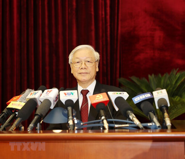 Tổng Bí thư Nguyễn Phú Trọng phát biểu bế mạc Hội nghị. (Ảnh: TTXVN)