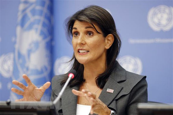 Đại sứ Mỹ tại Liên hiệp quốc Nikki Haley trong cuộc họp báo tại New York, Mỹ ngày 4-9. Ảnh: THX/TTXVN