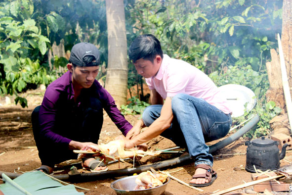 Ướp gia vị cho gà trước khi nướng.