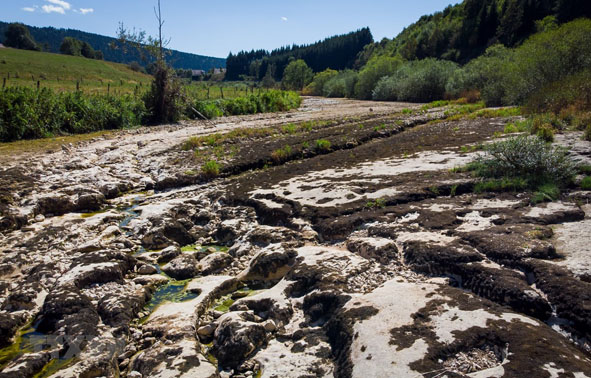 Một con sông khô cạn do hạn hán kéo dài ở La Longeville, Pháp. Ảnh: AFP/TTXVN