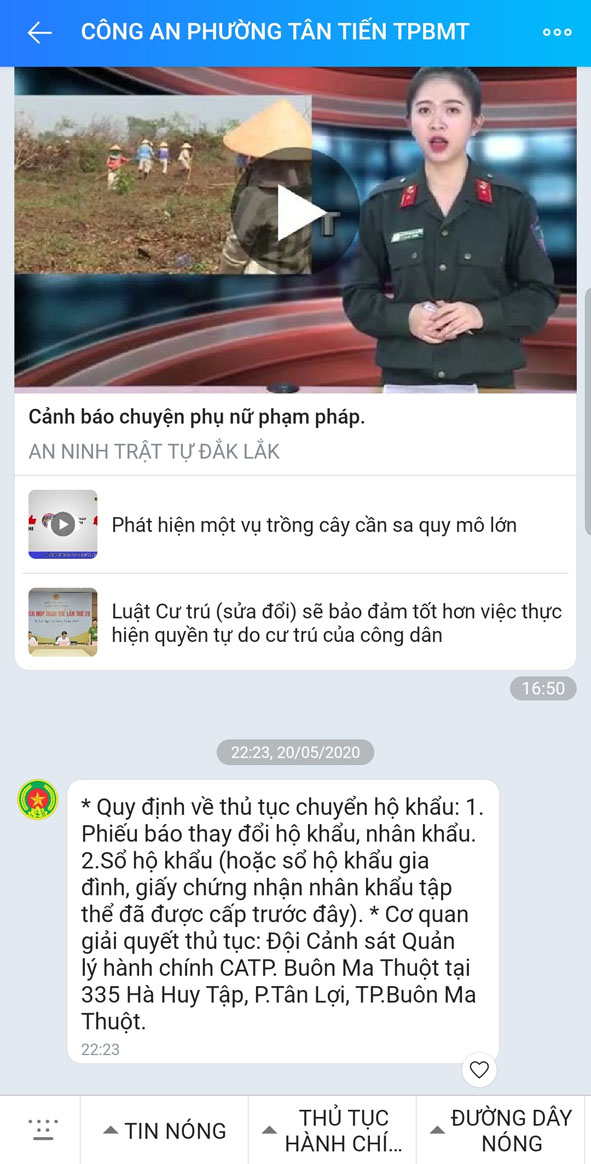 Màn hình giao diện của trang Zalo Công an phường Tân Tiến (TP.Buôn Ma Thuột).