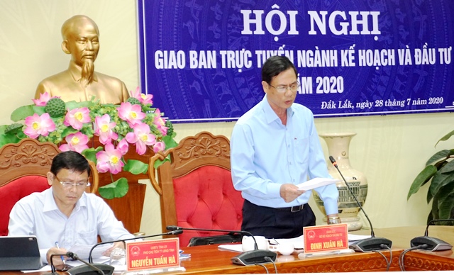 Giám đốc Sở Kế hoạch bà Đầu tư Đinh Xuân Hà báo cáo tham luận tại hội nghị. 